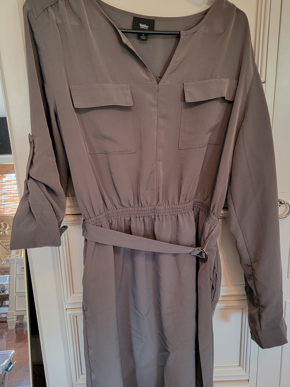 Mossimo Olive/Army Green Shirt Dress V-Neck Long Sleeve Belted Knee Length Sz LG